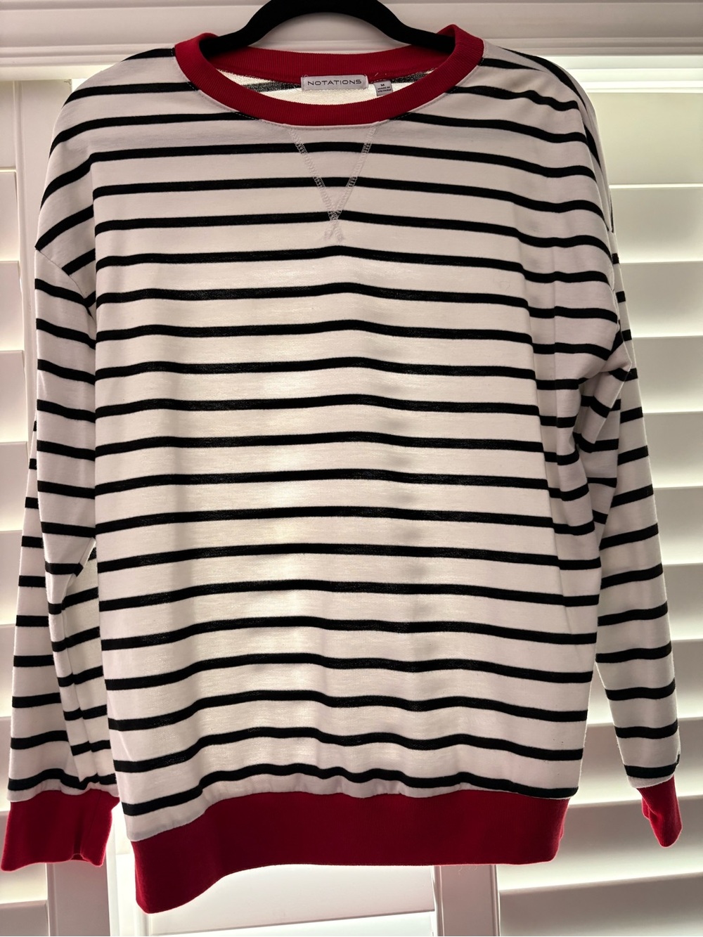 NOTATIONS Women’s White & Black Striped Sweater with Red Trim